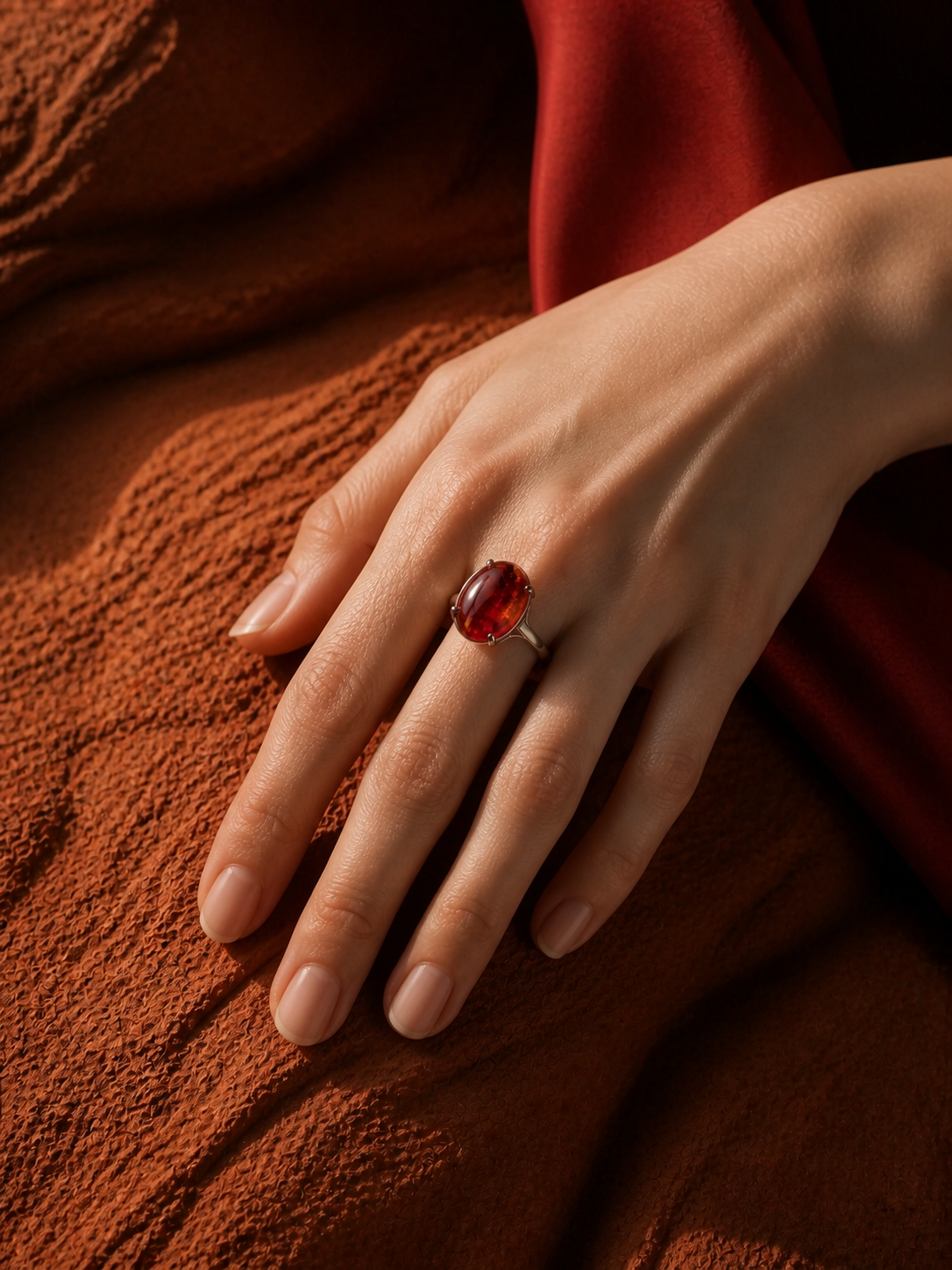 Red-orange natural Feicui ring from the Crimson Earth collection