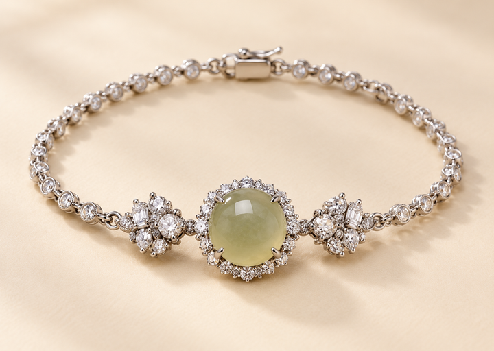 Golden Dawn Floral Halo Tennis Oval Jadeite Bracelet